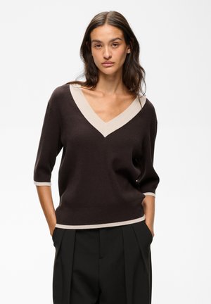 Kvinde med langt mørkt hår iført en mørkebrun V-hals sweater med lyse beige kanter og sorte plissee bukser, stående med hænderne i lommerne.