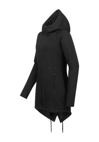 Black zip-up jacket with a hood, made of soft material, featuring side pockets, a high-low hem, and drawstring accents at the bottom.