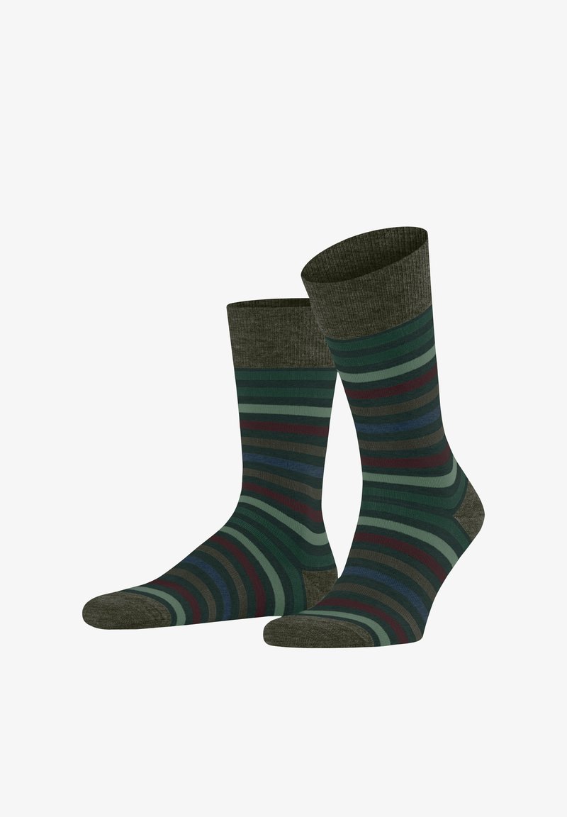 Paski na skarpetkach w różnych odcieniach zieleni, burgundu i niebieskiego. Wykonane z miękkiego materiału z prążkowanym mankietem dla większego komfortu.