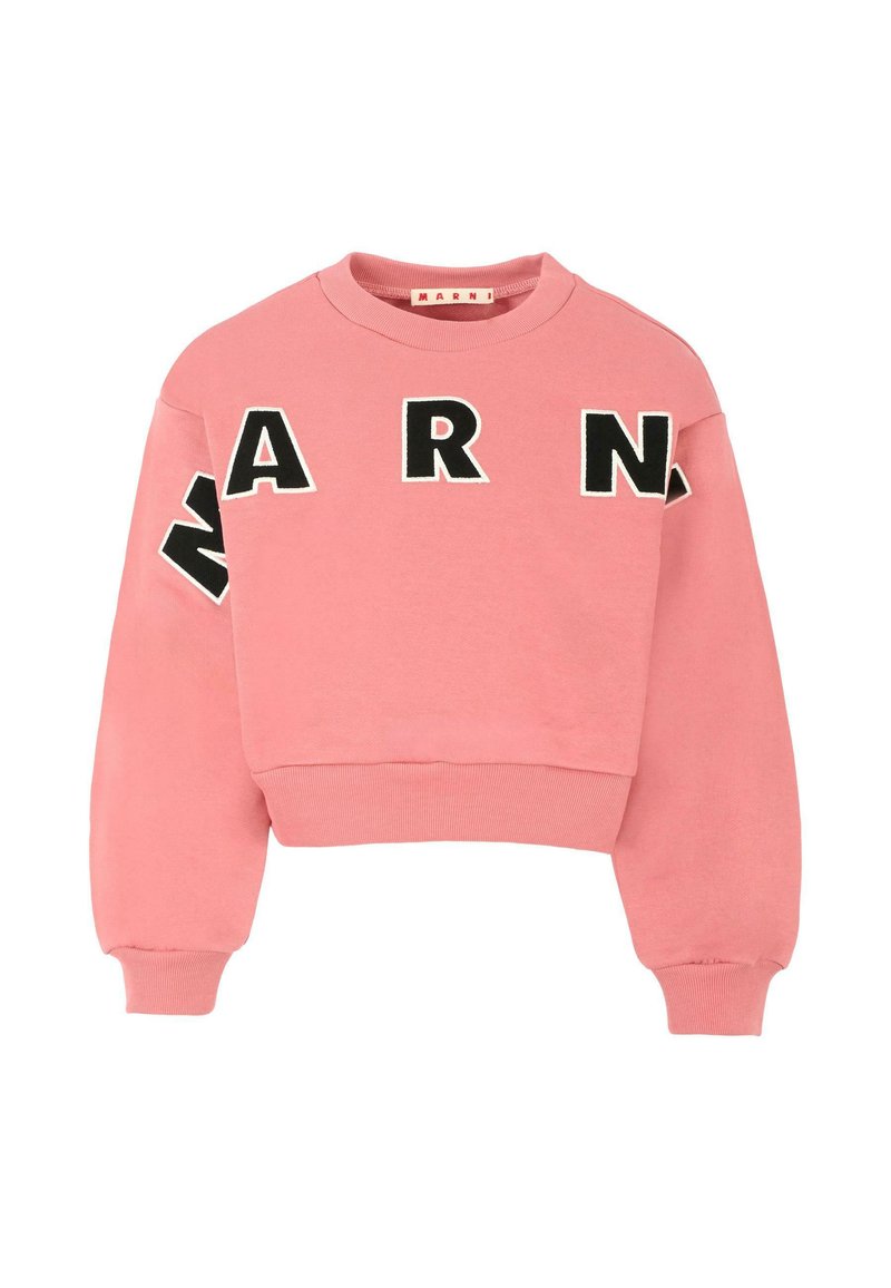 Felpa corta rosa realizzata in morbido misto cotone, con una scritta nera audace "ARN" sul davanti e una vestibilità rilassata con polsini a coste.