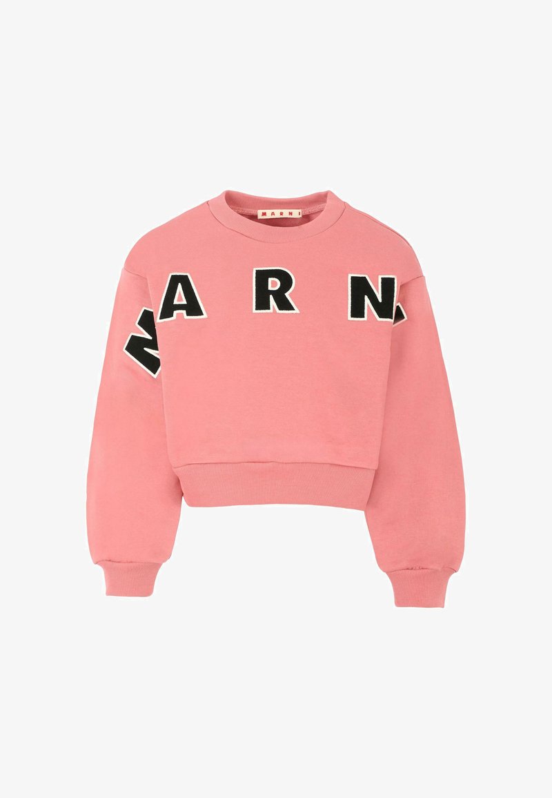 Felpa corta rosa realizzata in morbido misto cotone, con una scritta nera audace "ARN" sul davanti e una vestibilità rilassata con polsini a coste.