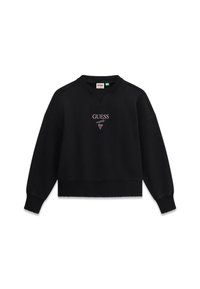 Felpa nera in misto cotone, con collo rotondo, polsini a coste e il logo "GUESS" ricamato in rosa sul davanti.