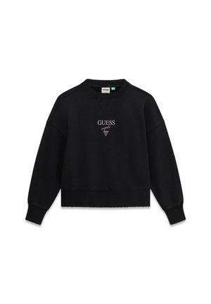 Schwarzer Sweatshirt aus Baumwollmischung, mit Rundhalsausschnitt, gerippten Bündchen und dem "GUESS"-Logo in pinker Stickerei auf der Vorderseite.