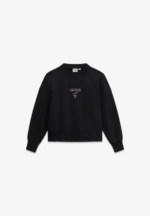 Felpa nera in misto cotone, con collo rotondo, polsini a coste e il logo "GUESS" ricamato in rosa sul davanti.