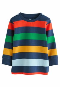 Chemise à rayures à manches longues avec des rayures bleu marine, rouge, vert, orange et bleu clair. Matière en coton doux avec un col rond et une coupe standard.