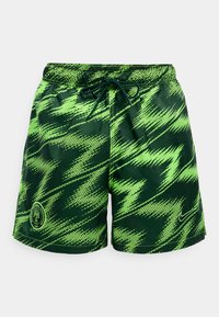 Πράσινα και μαύρα σπορ σορτς με σχέδιο, ελαστική μέση με κορδόνι, λογότυπο της Nike στο δεξί πόδι και έμβλημα της ομοσπονδίας ποδοσφαίρου στο αριστερό πόδι.