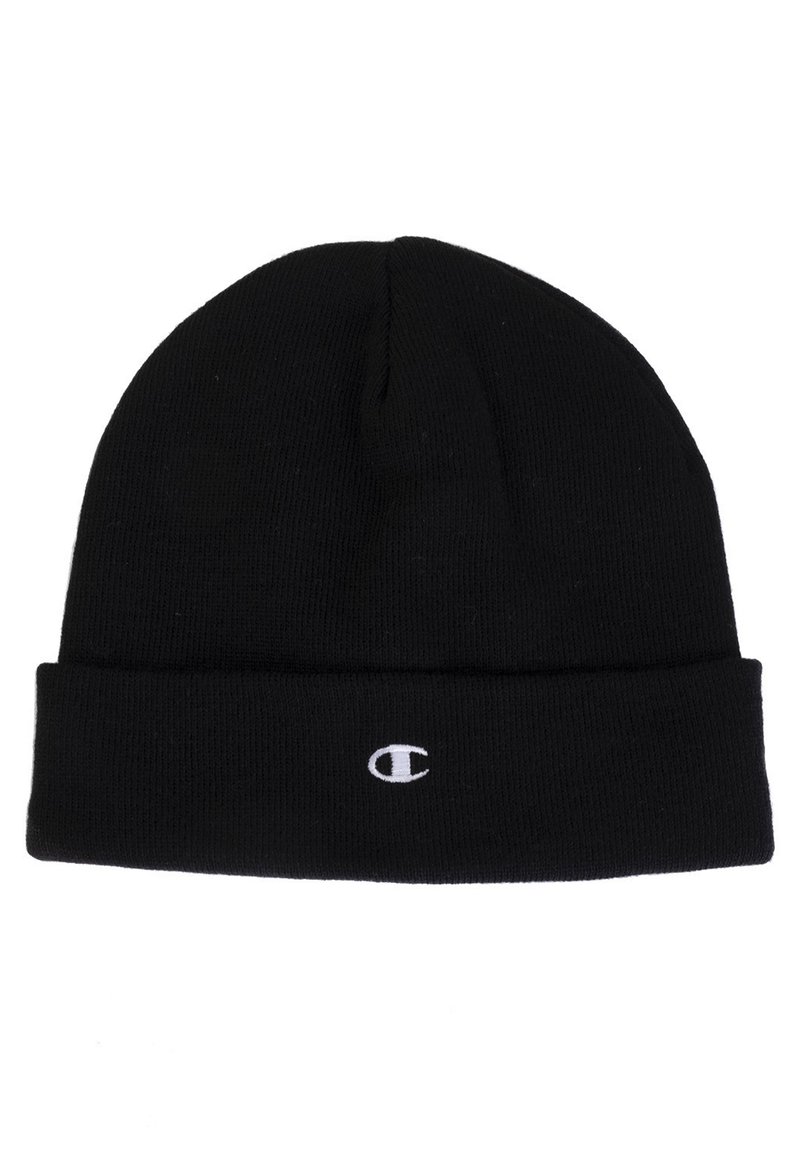 Berretto in maglia nera con risvolto alla base, presenta un piccolo logo bianco sul davanti. Tessuto morbido, finitura liscia.