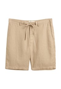 Beige Leinen-Shorts mit einem Kordelzugbund, Fronttaschen und einem lockeren Schnitt. Hat eine dezente Textur und einen sauberen Saum.