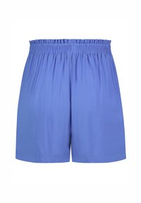 Helle blaue Shorts mit einem gerüschten Bund, aus weichem Stoff, mit lockerer Passform und glatter Textur, knie-langer Saum.