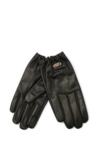 Schwarze Lederhandschuhe mit glatter Oberfläche, enganpassendem Design und gerafftem Handgelenk mit einem Logo-Highlight nahe dem Bund.