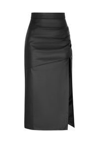 Gonna a matita nera in pelle con vita alta, dettagli arricciati e uno spacco laterale, caratterizzata da una texture liscia e una silhouette elegante.