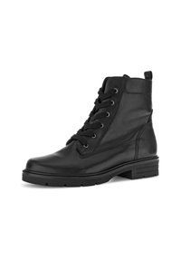 Bottes de cheville en cuir noir avec un bout arrondi, des coutures contrastées, un laçage à six œillets et une semelle extérieure en caoutchouc texturé. Langue à l'arrière.
