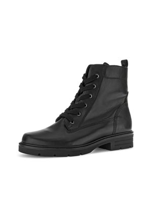 Black leather ankle boots with a rounded toe, contrasting stitching, six eyelet lacing, and a textured rubber outsole. Pull tab at the heel.