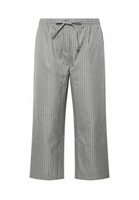 Grårandiga vida byxor med dragsko i midjan, med vertikala ränder och en avslappnad passform. Tillverkade av lättviktig tyg.