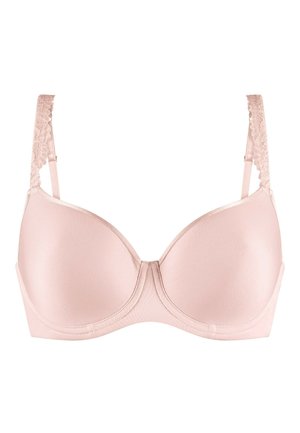 Light pink bra with smooth cups and lace accents on the straps. Seamed design and adjustable straps for fit and support.