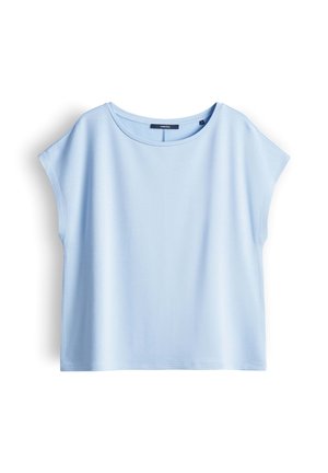 Haut décontracté bleu clair à manches courtes avec un col rond, présenté à plat sur un fond blanc.