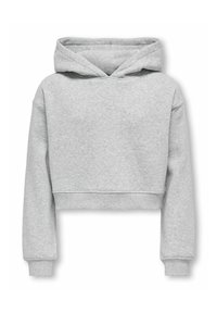 Sweat à capuche gris court en polaire douce, doté d'une capuche avec cordon de serrage, de poignets côtelés et d'un design simple sans motifs visibles.