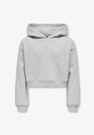 Kroppuddige grijze hoodie van zacht fleece, met een trekkoordkap, ribbelmanchetten en een eenvoudig ontwerp zonder zichtbare patronen.