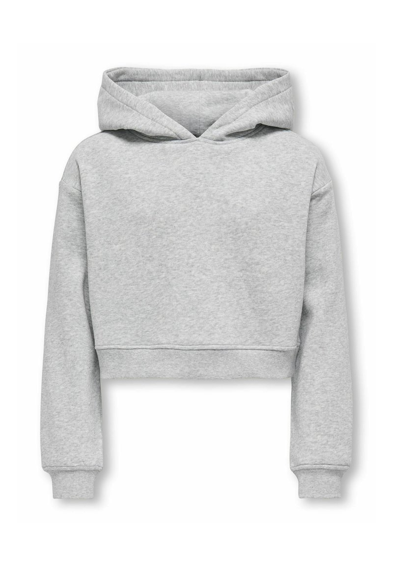 Sweat à capuche gris court en polaire douce, doté d'une capuche avec cordon de serrage, de poignets côtelés et d'un design simple sans motifs visibles.