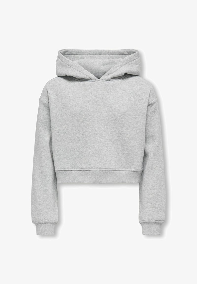 Sweat à capuche gris court en polaire douce, doté d'une capuche avec cordon de serrage, de poignets côtelés et d'un design simple sans motifs visibles.