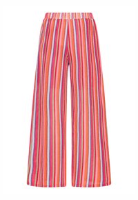 Pantalon à jambes larges avec des rayures verticales en rouge, orange, rose, bleu et blanc, doté d'une taille haute élastique.