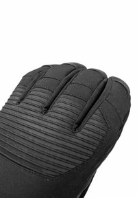 Zwarte handschoen met getextureerde, ribbelige oppervlakken op de vingers en palm, gemaakt van flexibel materiaal. Heeft een strakke pasvorm en een gestroomlijnd ontwerp.