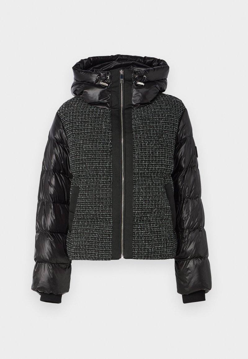 Black puffer jacket with a glossy finish and a textured grey fabric front. Features a zip closure, hood, and knit cuffs.