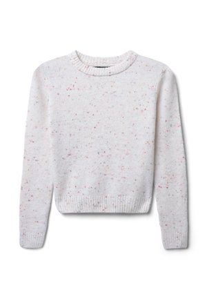Maglione grigio chiaro con macchie multicolori, scollo a girocollo, orlo e polsini a coste, realizzato in un tessuto morbido e testurizzato. Design cropped.