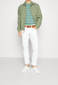 Zielona lekka kurtka, pasiasta zielono-niebieska koszula, białe chinosy z podwiniętymi nogawkami, brązowy pasek, białe buty wsuwane. Codzienny strój.