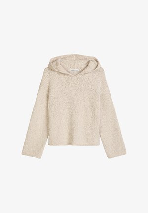 Beige gebreide hoodie met lange mouwen, voorzien van een gestructureerd patroon en een klein merkje aan de binnenkant van de hals.