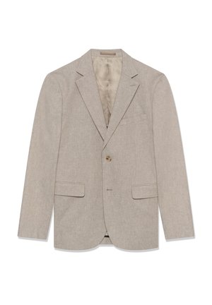 Blazer beige à simple boutonnage avec revers crantés, deux poches avant à rabat, une poche poitrine, une fermeture à un bouton et une doublure légère.