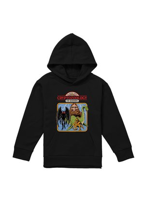 Black hoodie featuring colorful cryptozoology creatures: Bigfoot, Mothman, Loch Ness Monster, and a small reptilian figure with lightning background.