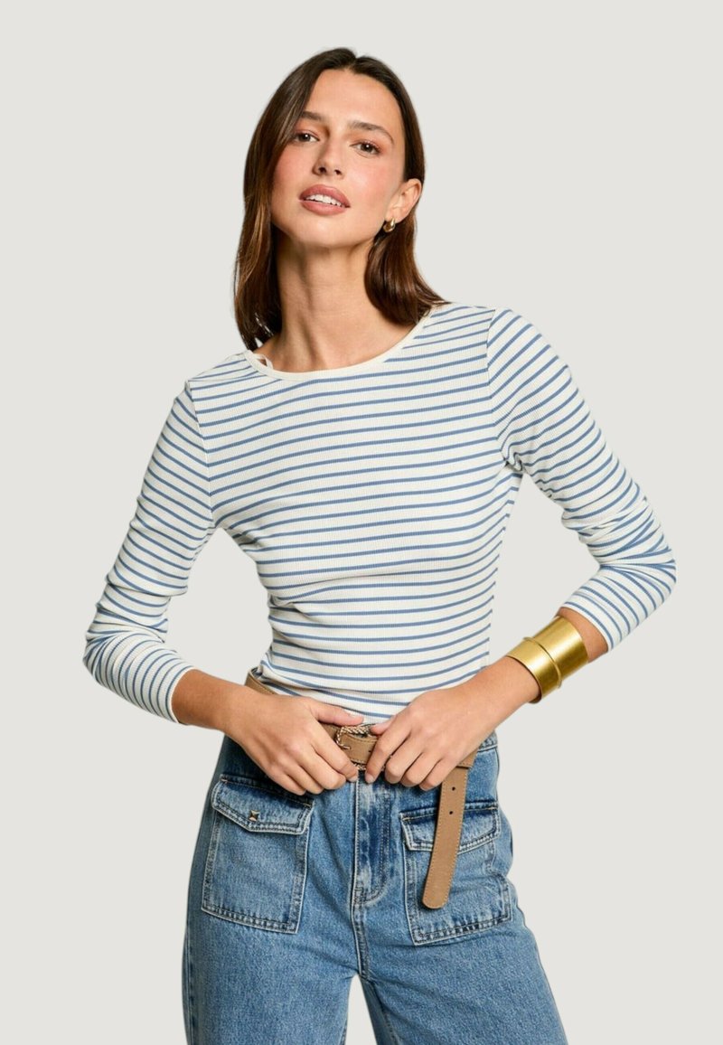 Maglietta a maniche lunghe a righe in bianco e blu con scollo rotondo, abbinata a jeans blu a vita alta e una cintura. Presenta una texture a costine.