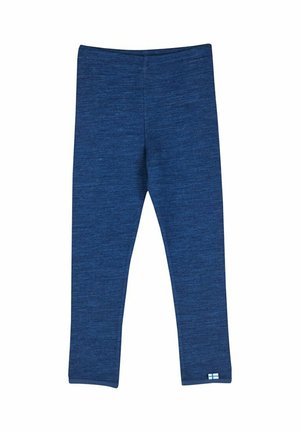 Leggings blu in stretch con una texture mélange, vita elastica e un piccolo accento della bandiera finlandese in basso a sinistra.