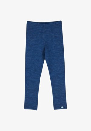 Leggings blu in stretch con una texture mélange, vita elastica e un piccolo accento della bandiera finlandese in basso a sinistra.