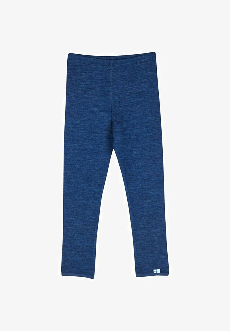 Leggings blu in stretch con una texture mélange, vita elastica e un piccolo accento della bandiera finlandese in basso a sinistra.