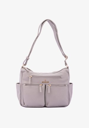 Grijze leren schoudertas met een gestructureerde afwerking, voorzien van twee ritssluitingen aan de voorkant, een zijvak en goudkleurige metalen accenten.