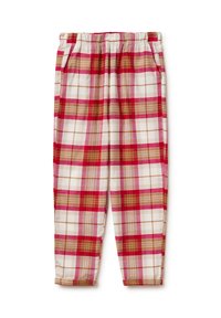 Kostkované kalhoty s elastickým pasem, v bílém, červeném a hnědém barevném schématu a s kapsami. Vyrobené z měkké tkaniny s hladkým povrchem.