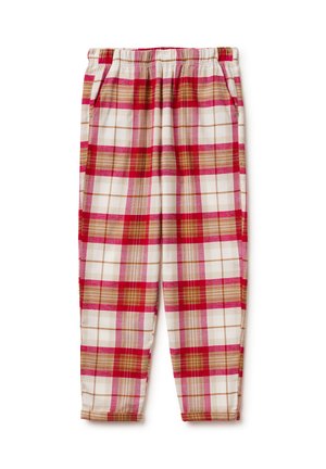Geruite broek met een elastische tailleband, in een kleurenpalet van wit, rood en bruin, met zakken. Gemaakt van zachte stof met een gladde textuur.