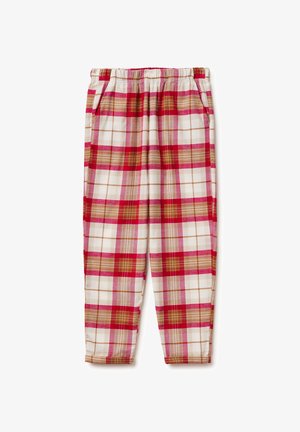 Geruite broek met een elastische tailleband, in een kleurenpalet van wit, rood en bruin, met zakken. Gemaakt van zachte stof met een gladde textuur.