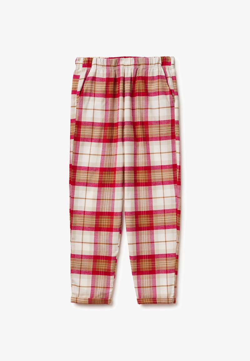 Kostkované kalhoty s elastickým pasem, v bílém, červeném a hnědém barevném schématu a s kapsami. Vyrobené z měkké tkaniny s hladkým povrchem.