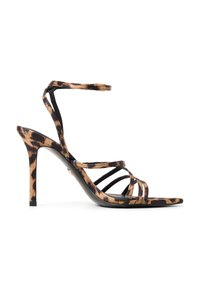 Sandales à talons hauts à lanières avec un imprimé animal noir et beige. Comprend des lanières minces, une ouverture sur le bout et un talon aiguille.