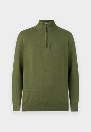 Knit pullover in olive green, featuring a half-zip collar with a metal ring, ribbed cuffs, and hem. Embossed logo detail on the chest.