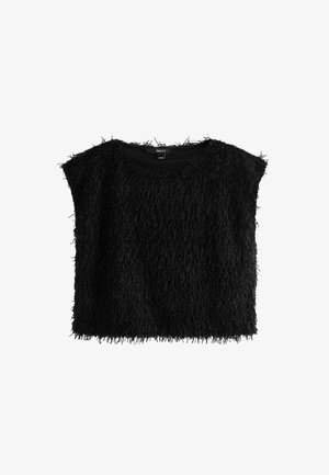 Czarny krótki top z teksturowanej, włochatej tkaniny. Charakteryzuje się okrągłym dekoltem i szerokimi otworami na ramiona. Brak zapięć lub dodatkowych detali widocznych.