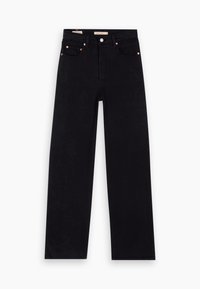 Jean noir à jambes droites avec poches avant, passants de ceinture et fermeture par bouton sur fond blanc.