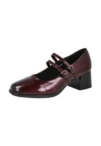 Zapatos Mary Jane de charol burdeos con dos correas ajustables, tacón bajo y diseño de punta redonda. Textura suave con un acabado brillante.