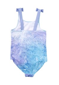 Costume da bagno intero in ombré da viola a blu con motivo glitterato, dotato di due spalline azzurre con fiocchi sulle spalle. Texture liscia.