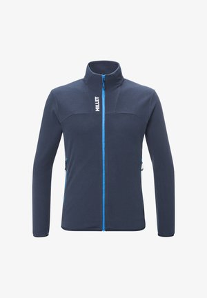 Navy Fleecejacke mit hohem Kragen, Frontreißverschluss und kontrastierenden blauen Akzenten. Verfügt über zwei seitliche Taschen und strukturierte Gewebe-Einsätze.