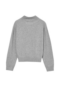 Grau gestrickter Pullover mit hohem Kragen, fallenden Schultern und gerippten Bündchen. Das Design weist eine entspannte Silhouette mit verkürzter Länge auf.