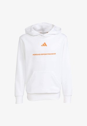 Weißer Hoodie mit Fronttasche und orangefarbenem Adidas-Logo sowie dem Text "ADIDAS SPORTSWEAR" auf der Brust, langen Ärmeln und gerippten Bündchen.